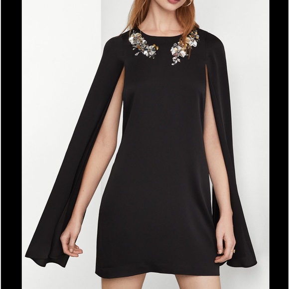 BCBGMaxazria NWT Black Cape style dress with Gold/Silver flower details - Picture 1 of 7